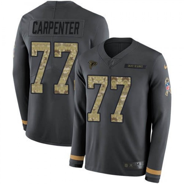 Nike Falcons #77 James Carpenter Anthracite Salute to Service Men's Stitched NFL Limited Therma Long Sleeve Jersey