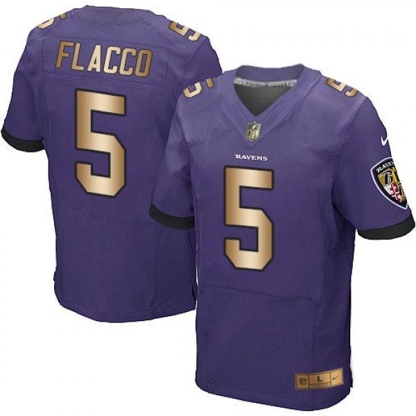 Nike Ravens #5 Joe Flacco Purple Team Color Men's Stitched NFL New Elite Gold Jersey
