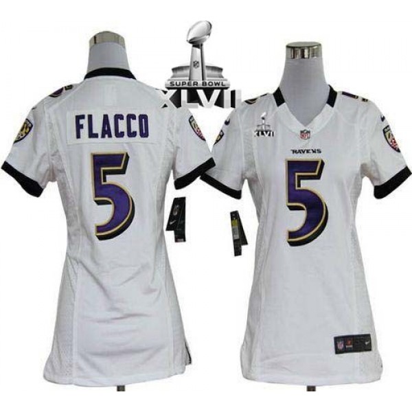 Women's Ravens #5 Joe Flacco White Super Bowl XLVII Stitched NFL Elite Jersey