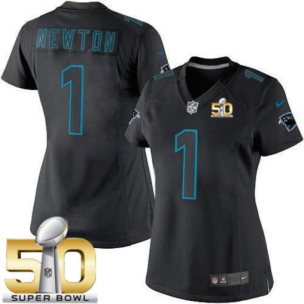 Women's Panthers #1 Cam Newton Black Impact Super Bowl 50 Stitched NFL Limited Jersey