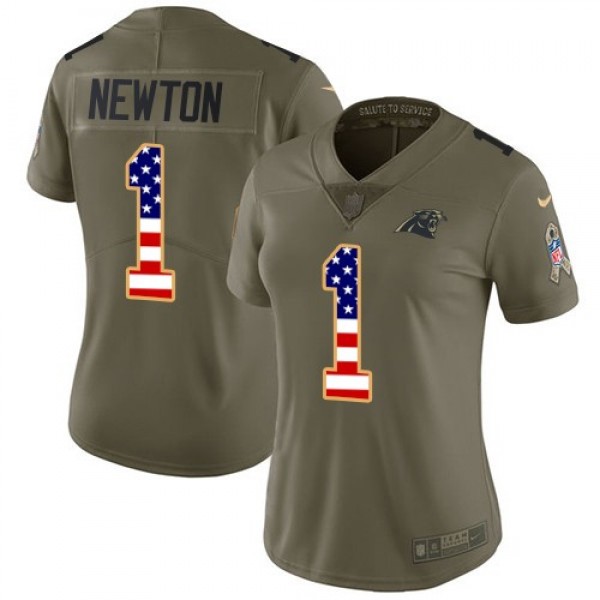Women's Panthers #1 Cam Newton Olive USA Flag Stitched NFL Limited 2017 Salute to Service Jersey