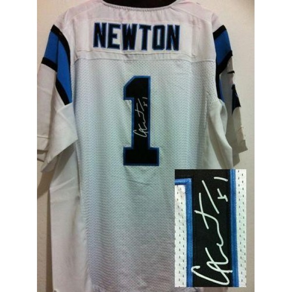 Nike Panthers #1 Cam Newton White Men's Stitched NFL Elite Autographed Jersey