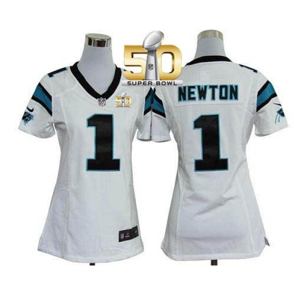 Women's Panthers #1 Cam Newton White Super Bowl 50 Stitched NFL Elite Jersey