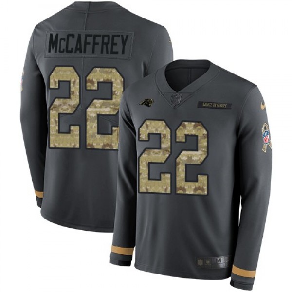 Nike Panthers #22 Christian McCaffrey Anthracite Salute to Service Men's Stitched NFL Limited Therma Long Sleeve Jersey