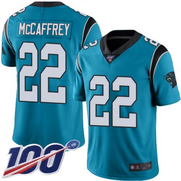 Nike Panthers #22 Christian McCaffrey Blue Men's Stitched NFL Limited Rush 100th Season Jersey
