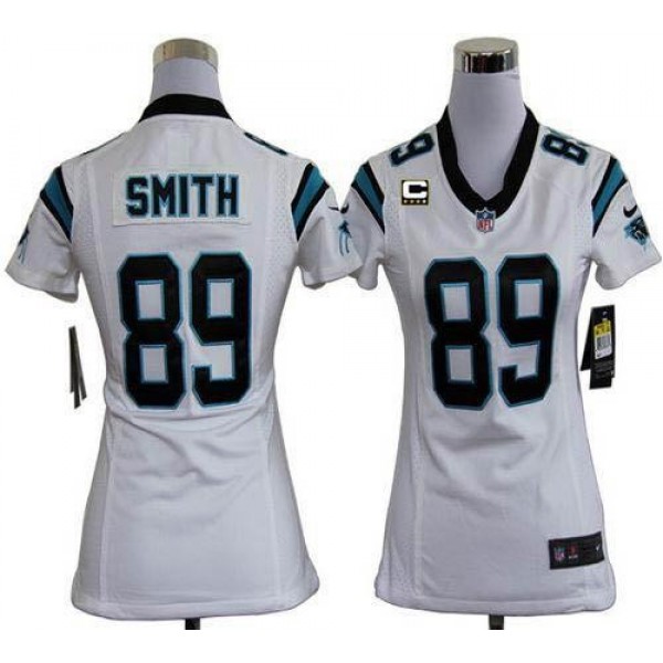 Women's Panthers #89 Steve Smith White With C Patch Stitched NFL Elite Jersey