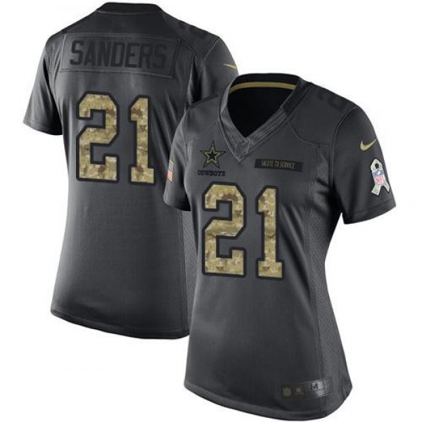 Women's Cowboys #21 Deion Sanders Black Stitched NFL Limited 2016 Salute to Service Jersey