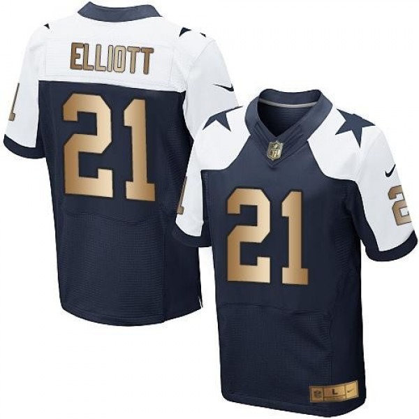 Nike Cowboys #21 Ezekiel Elliott Navy Blue Thanksgiving Throwback Men's Stitched NFL Elite Gold Jersey
