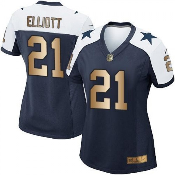 Women's Cowboys #21 Ezekiel Elliott Navy Blue Thanksgiving Throwback Stitched NFL Elite Gold Jersey