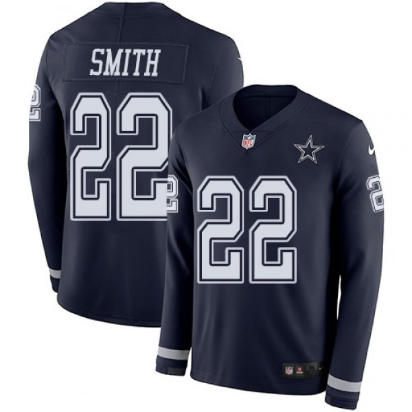 Nike Cowboys #22 Emmitt Smith Navy Blue Team Color Men's Stitched NFL Limited Therma Long Sleeve Jersey