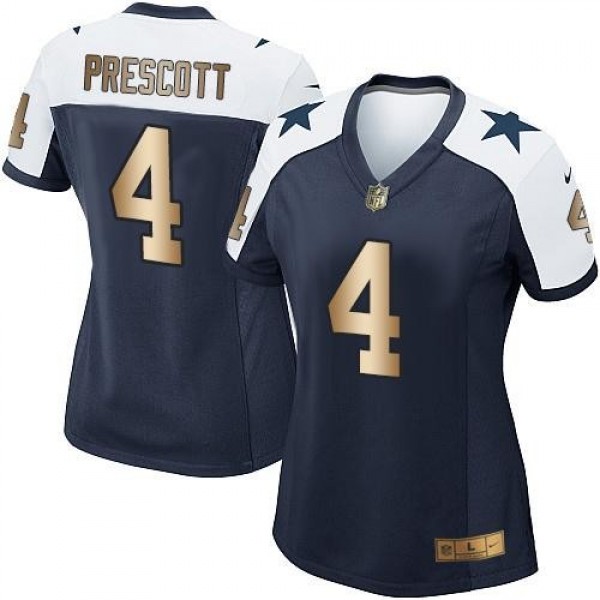 Women's Cowboys #4 Dak Prescott Navy Blue Thanksgiving Throwback Stitched NFL Elite Gold Jersey