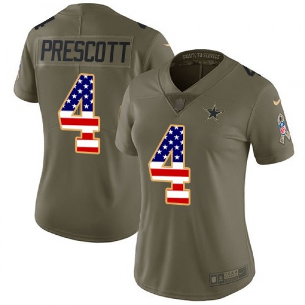 Women's Cowboys #4 Dak Prescott Olive USA Flag Stitched NFL Limited 2017 Salute to Service Jersey
