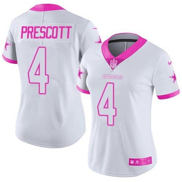 Women's Cowboys #4 Dak Prescott White Pink Stitched NFL Limited Rush Jersey