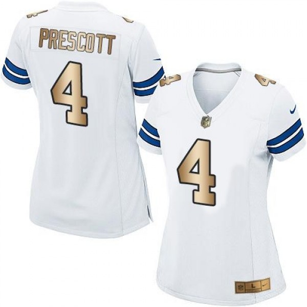 Women's Cowboys #4 Dak Prescott White Stitched NFL Elite Gold Jersey
