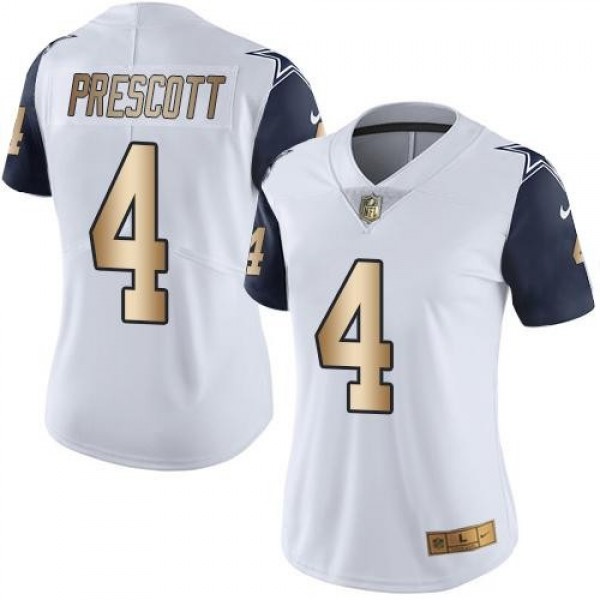 Women's Cowboys #4 Dak Prescott White Stitched NFL Limited Gold Rush Jersey