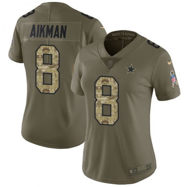 Women's Cowboys #8 Troy Aikman Olive Camo Stitched NFL Limited 2017 Salute to Service Jersey