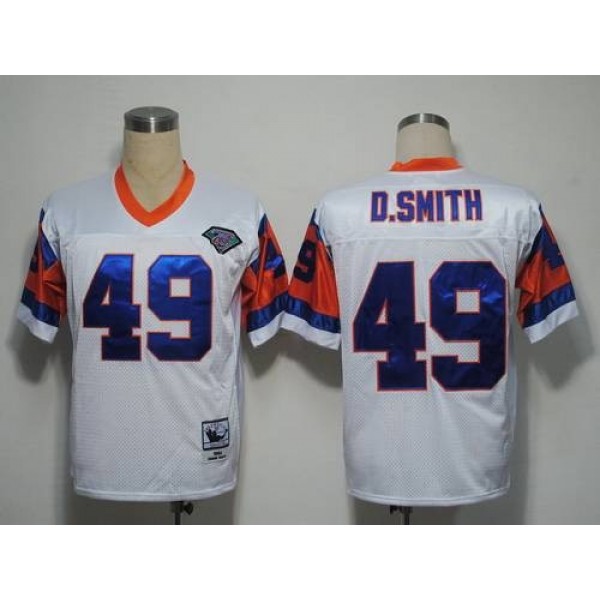 Mitchel and Ness Broncos #49 Dennis Smith White With 75 Anniversary Patch Stitched Throwback NFL Jersey