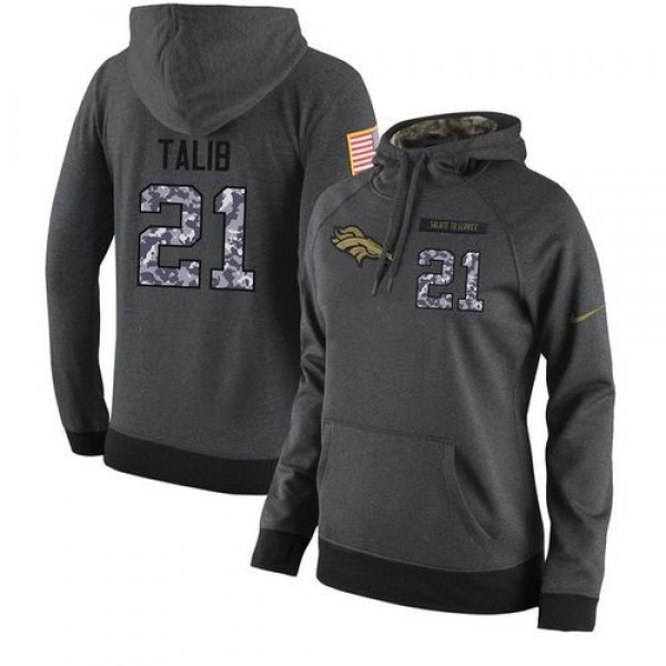 Women's NFL Denver Broncos #21 Aqib Talib Stitched Black Anthracite Salute to Service Player Hoodie Jersey
