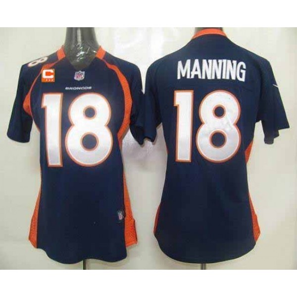 Women's Broncos #18 Peyton Manning Blue Alternate With C Patch Stitched NFL Elite Jersey