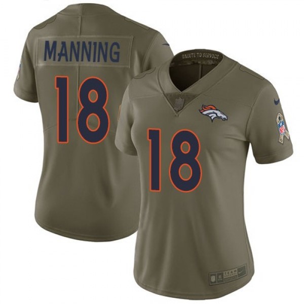 Women's Broncos #18 Peyton Manning Olive Stitched NFL Limited 2017 Salute to Service Jersey