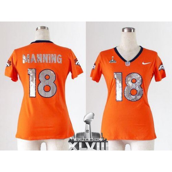 Women's Broncos #18 Peyton Manning Orange Team Color Handwork Sequin Lettering Super Bowl XLVIII Stitched NFL Elite Jersey