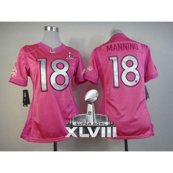 Women's Broncos #18 Peyton Manning Pink Super Bowl XLVIII Be Luv'd Stitched NFL Elite Jersey