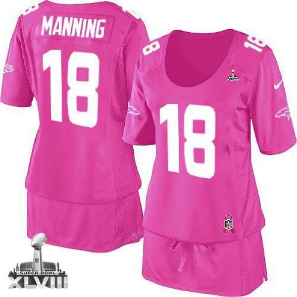 Women's Broncos #18 Peyton Manning Pink Super Bowl XLVIII Breast Cancer Awareness Stitched NFL Elite Jersey