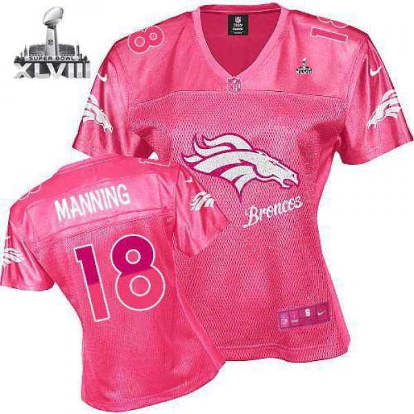 Women's Broncos #18 Peyton Manning Pink Super Bowl XLVIII Fem Fan NFL Game Jersey