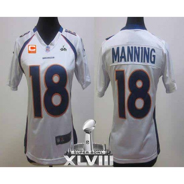 Women's Broncos #18 Peyton Manning White With C Patch Super Bowl XLVIII Stitched NFL Elite Jersey