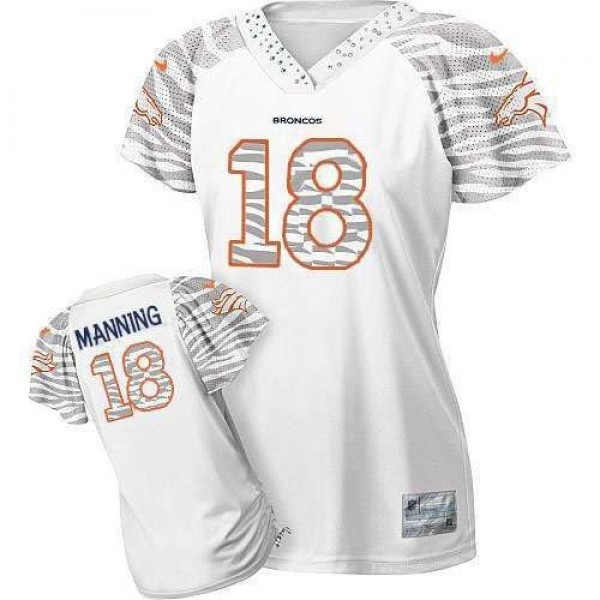 Women's Broncos #18 Peyton Manning White Zebra Field Flirt Stitched NFL Elite Jersey