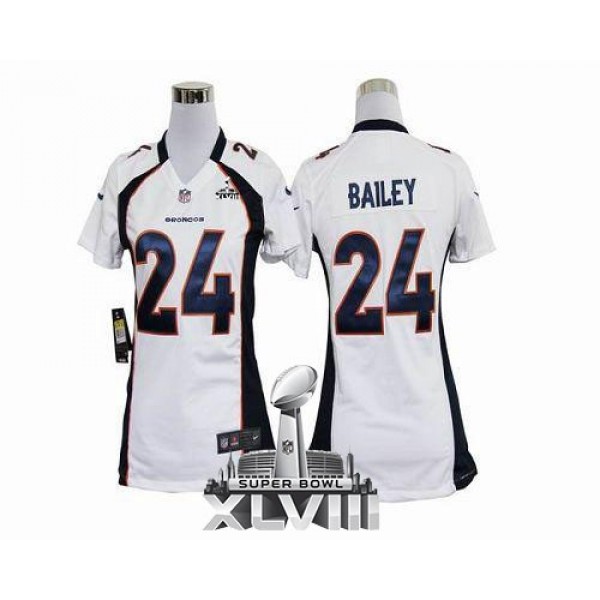Women's Broncos #24 Champ Bailey White Super Bowl XLVIII Stitched NFL Elite Jersey
