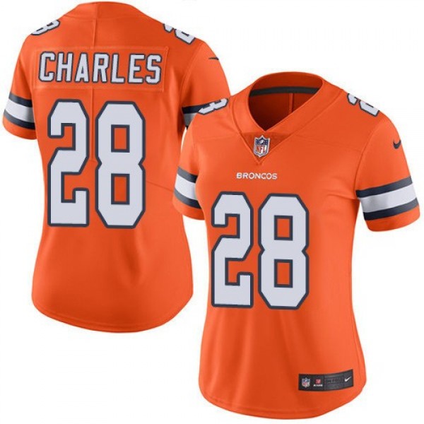 Women's Broncos #28 Jamaal Charles Orange Stitched NFL Limited Rush Jersey
