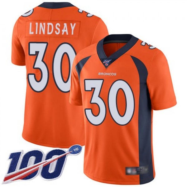 Nike Broncos #30 Phillip Lindsay Orange Team Color Men's Stitched NFL 100th Season Vapor Limited Jersey
