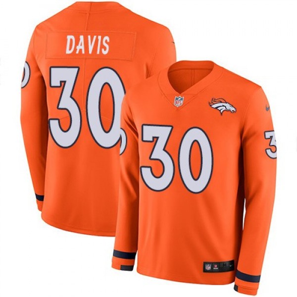 Nike Broncos #30 Terrell Davis Orange Team Color Men's Stitched NFL Limited Therma Long Sleeve Jersey