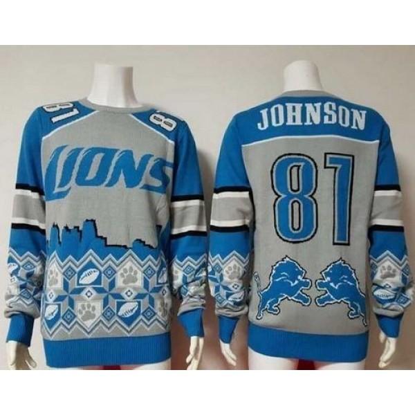 Nike Lions #81 Calvin Johnson Blue/Grey Men's Ugly Sweater