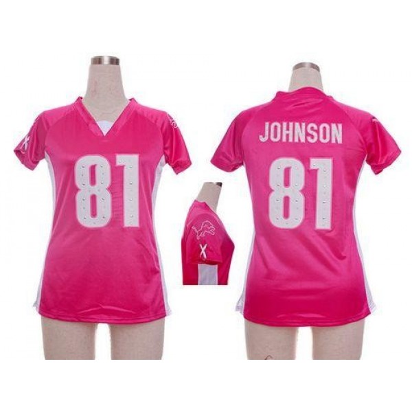 Women's Lions #81 Calvin Johnson Pink Draft Him Name Number Top Stitched NFL Elite Jersey