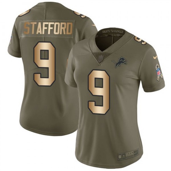 Women's Lions #9 Matthew Stafford Olive Gold Stitched NFL Limited 2017 Salute to Service Jersey