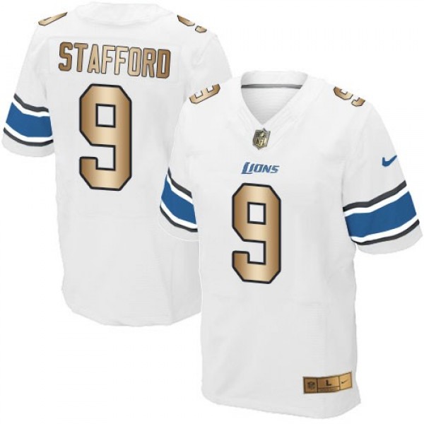 Nike Lions #9 Matthew Stafford White Men's Stitched NFL Elite Gold Jersey