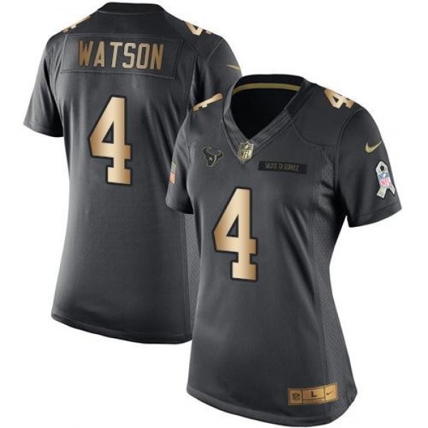 Women's Texans #4 Deshaun Watson Black Stitched NFL Limited Gold Salute to Service Jersey