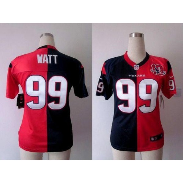 Women's Texans #99 JJ Watt Navy Blue Red With 10TH Patch Stitched NFL Elite Split Jersey