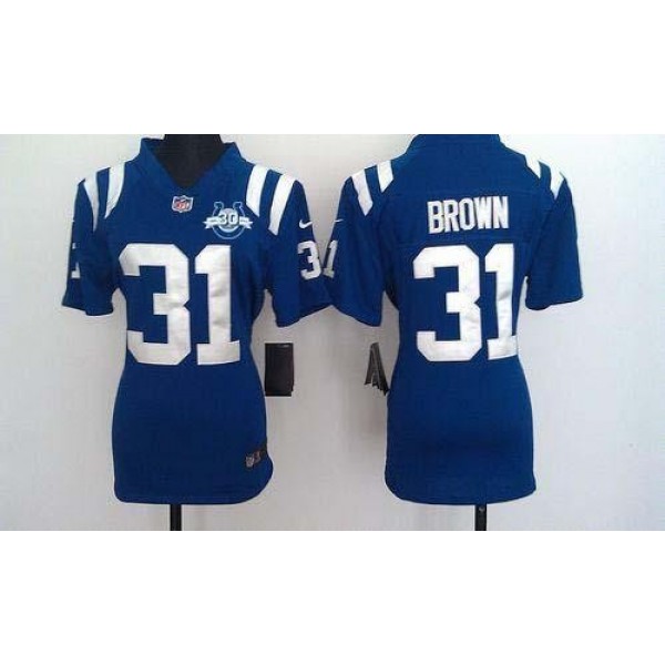 Women's Colts #31 Donald Brown Royal Blue Team Color With 30TH Seasons Patch Stitched NFL Elite Jersey