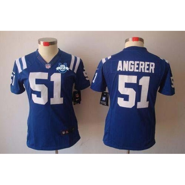 Women's Colts #51 Pat Angerer Royal Blue Team Color With 30TH Seasons Patch Stitched NFL Limited Jersey
