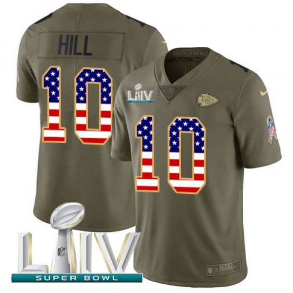 Nike Chiefs #10 Tyreek Hill Olive/USA Flag Super Bowl LIV 2020 Men's Stitched NFL Limited 2017 Salute To Service Jersey
