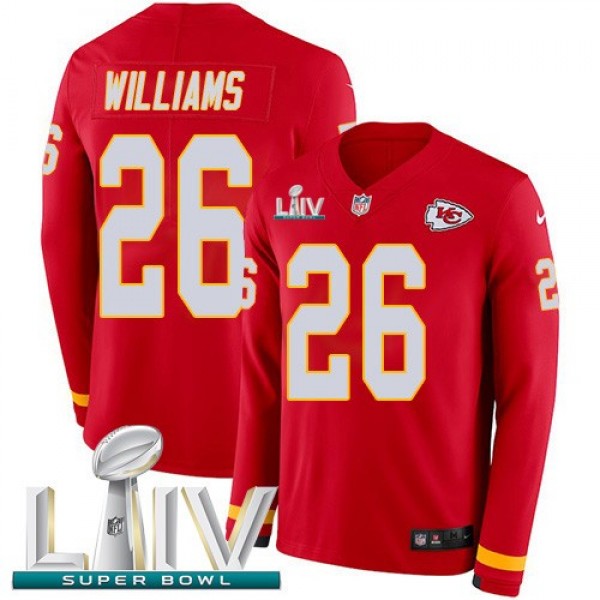 Nike Chiefs #26 Damien Williams Red Super Bowl LIV 2020 Team Color Men's Stitched NFL Limited Therma Long Sleeve Jersey