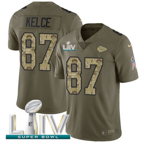 Nike Chiefs #87 Travis Kelce Olive/Camo Super Bowl LIV 2020 Men's Stitched NFL Limited 2017 Salute To Service Jersey