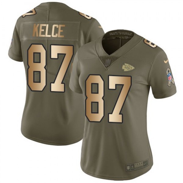 Women's Chiefs #87 Travis Kelce Olive Gold Stitched NFL Limited 2017 Salute to Service Jersey