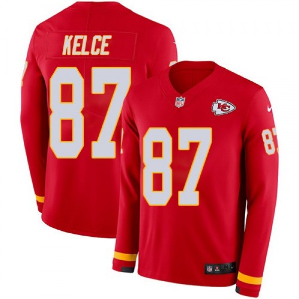 Nike Chiefs #87 Travis Kelce Red Team Color Men's Stitched NFL Limited Therma Long Sleeve Jersey