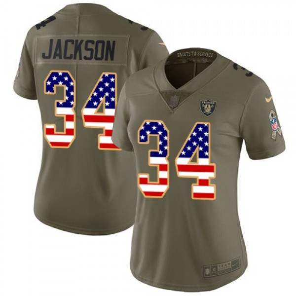Women's Raiders #34 Bo Jackson Olive USA Flag Stitched NFL Limited 2017 Salute to Service Jersey