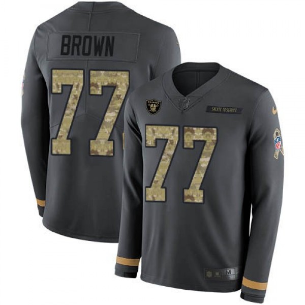 Nike Raiders #77 Trent Brown Anthracite Salute to Service Men's Stitched NFL Limited Therma Long Sleeve Jersey