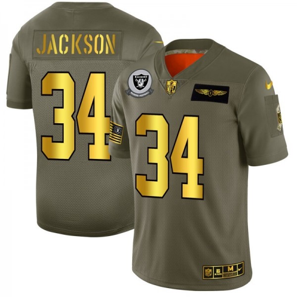 Raiders #34 Bo Jackson NFL Men's Nike Olive Gold 2019 Salute to Service Limited Jersey